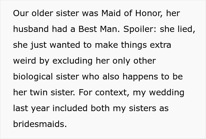 Text excerpt describing a bride excluding her twin sister from the wedding, revealing family favoritism and tension. Text excerpt describing a bride excluding her twin sister from the wedding, revealing family favoritism and tension.