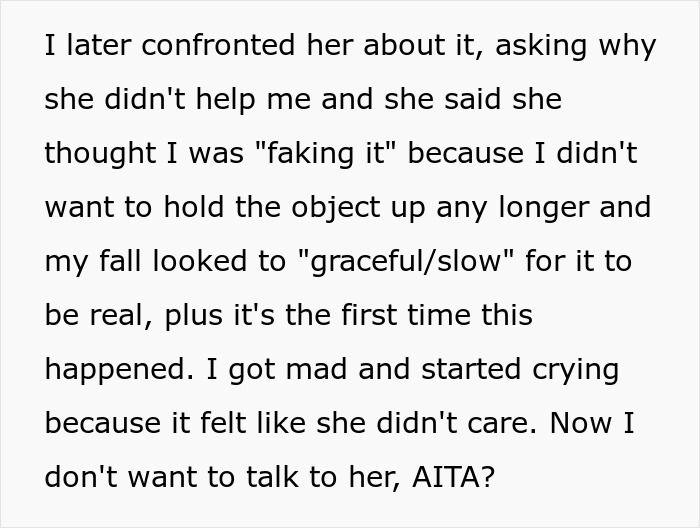 Alt text: Teen faints and hurts herself, upset and in tears after mom doubts fall was real due to its graceful nature