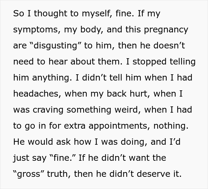 Alt text: Pregnant woman describes being called disgusting by husband and stopping sharing pregnancy struggles with him Alt text: Pregnant woman describes being called disgusting by husband and stopping sharing pregnancy struggles with him