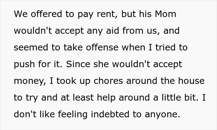 Text excerpt discussing refusal of rent aid and taking up chores due to suspicious behavior and concerns about poisoning by MIL. Text excerpt discussing refusal of rent aid and taking up chores due to suspicious behavior and concerns about poisoning by MIL.