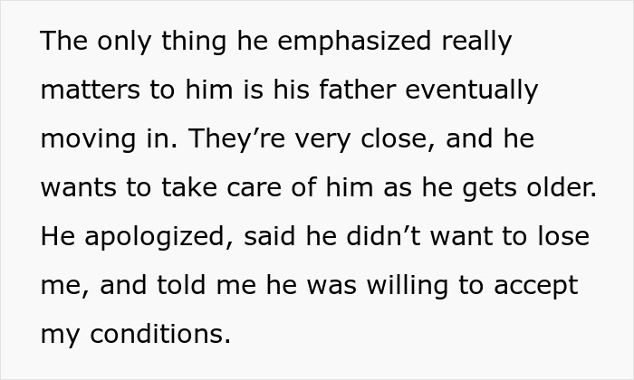 Text about a man insisting on 50/50 home ownership while discussing his father and relationship conditions. Text about a man insisting on 50/50 home ownership while discussing his father and relationship conditions.