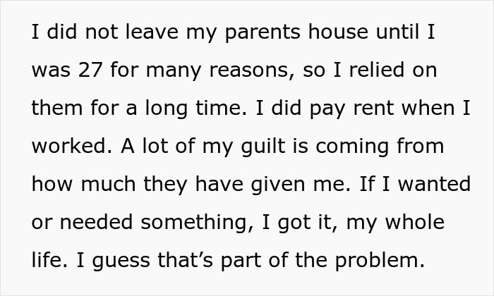 Text discussing reliance on parents and feelings of guilt, relevant to mom retirement plan and family support dynamics. Text discussing reliance on parents and feelings of guilt, relevant to mom retirement plan and family support dynamics.