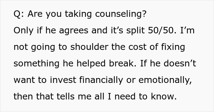 Text discussion about counseling and a partner refusing to invest emotionally or financially, related to husband calling pregnant wife disgusting. Text discussion about counseling and a partner refusing to invest emotionally or financially, related to husband calling pregnant wife disgusting.