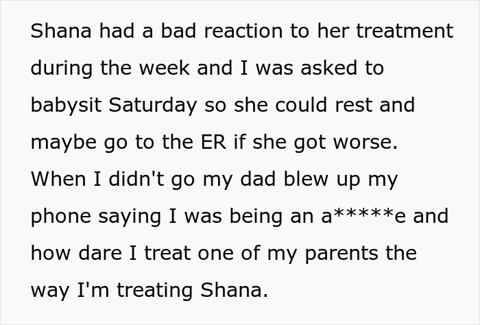 Text message describing refusing to babysit stepsiblings after a bad treatment reaction and family conflict over it.