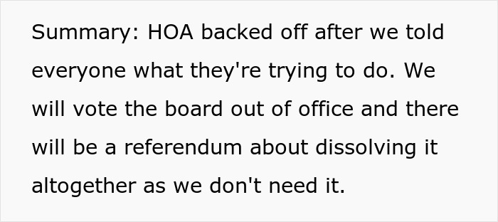 Summary text explaining the HOA backing off after a family exposed their attempt to wrongfully evict using a ridiculous rule.
