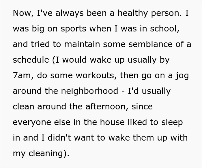 Text excerpt discussing a person's healthy lifestyle and daily routine amid suspicious behavior concerns from their MIL. Text excerpt discussing a person's healthy lifestyle and daily routine amid suspicious behavior concerns from their MIL.