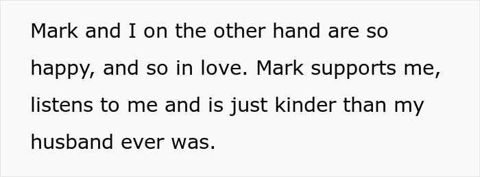 Text image showing a quote about Mark being supportive, kinder than the husband, and expressing happiness in love. Text image showing a quote about Mark being supportive, kinder than the husband, and expressing happiness in love.