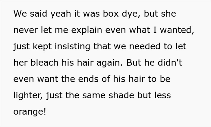 Excerpt from a conversation showing a rude salon employee refusing to sell box dye and criticizing its use. Excerpt from a conversation showing a rude salon employee refusing to sell box dye and criticizing its use.