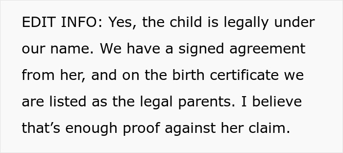 Text stating legal proof of child custody based on signed agreement and birth certificate listing legal parents. Text stating legal proof of child custody based on signed agreement and birth certificate listing legal parents.