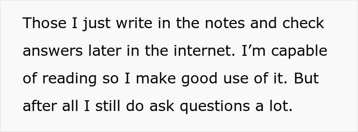 Text excerpt discussing note-taking and reading ability, highlighting confidence despite frequently asking questions. Text excerpt discussing note-taking and reading ability, highlighting confidence despite frequently asking questions.