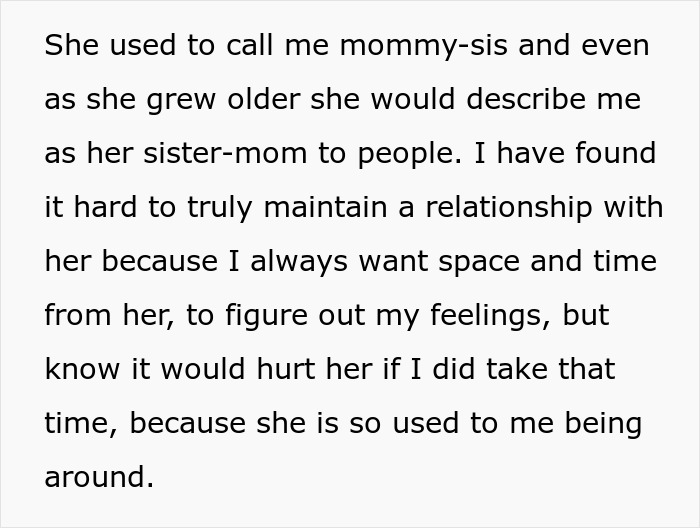 Text excerpt discussing the 19-year-old forced to be a parent to little sister, struggling with boundaries and feelings. Text excerpt discussing the 19-year-old forced to be a parent to little sister, struggling with boundaries and feelings.
