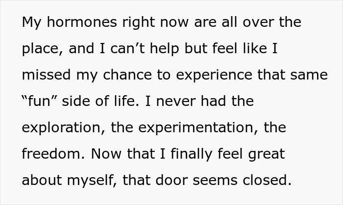 Text excerpt about hormones affecting feelings and missed opportunities related to intimacy boundaries in marriage context. Text excerpt about hormones affecting feelings and missed opportunities related to intimacy boundaries in marriage context.
