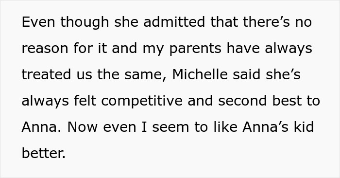Text discussing sister accusing favoring nephew and niece, feeling competitive and second best in family relations. Text discussing sister accusing favoring nephew and niece, feeling competitive and second best in family relations.