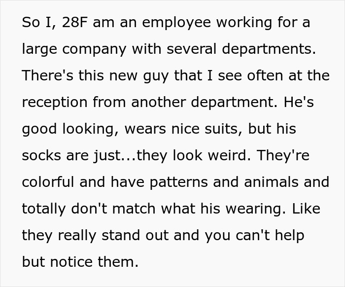 Text post describing workplace harassment involving colorful socks that stand out and cause tension between coworkers. Text post describing workplace harassment involving colorful socks that stand out and cause tension between coworkers.