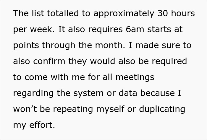 Text excerpt detailing extensive hours and meeting commitments an engineer requires after software access is revoked by HR. Text excerpt detailing extensive hours and meeting commitments an engineer requires after software access is revoked by HR.