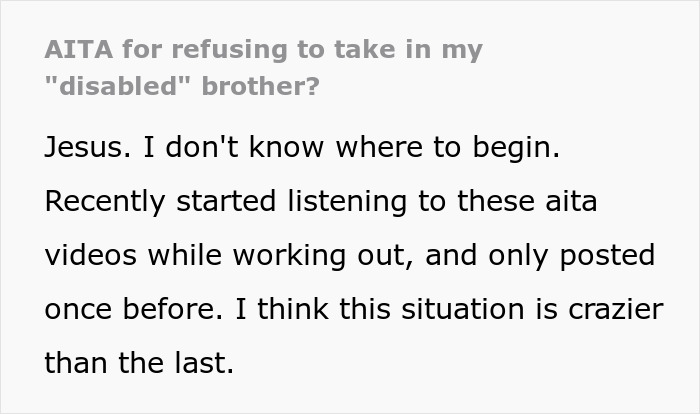 Text excerpt discussing a guy refusing to look after his disabled brother, seen as lazy and entitled. Text excerpt discussing a guy refusing to look after his disabled brother, seen as lazy and entitled.