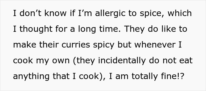 Text explaining confusion about allergies and food, highlighting parents' food possibly making daughter sick.