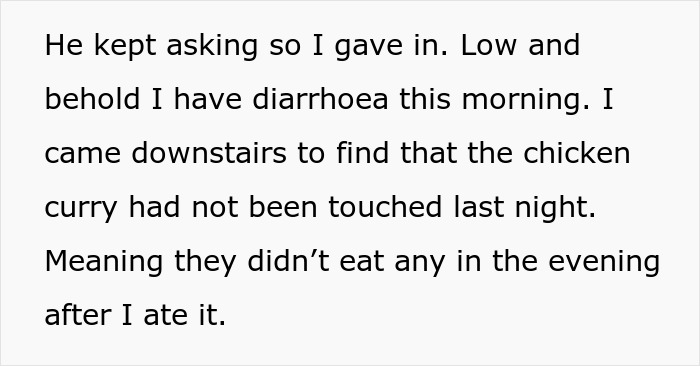 Text describing a daughter experiencing sickness after eating parents' food, wondering if they are poisoning her.