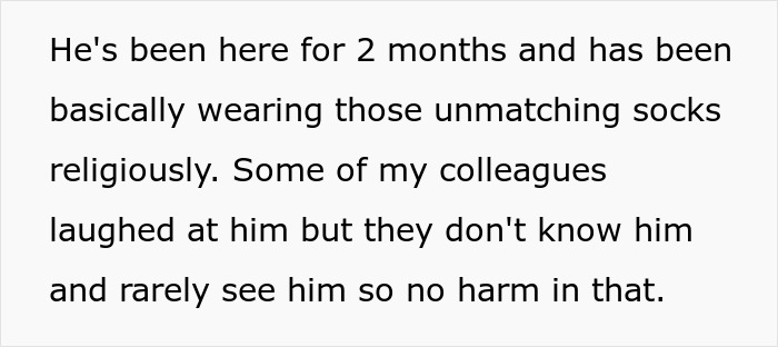 Text excerpt from workplace harassment story about mocking colorful socks, with coworker considering HR involvement.