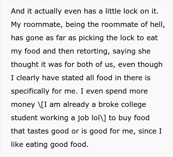 Text about a roommate stealing food despite a lock, highlighting issues with a serial food thief and peanut allergy risks. Text about a roommate stealing food despite a lock, highlighting issues with a serial food thief and peanut allergy risks.