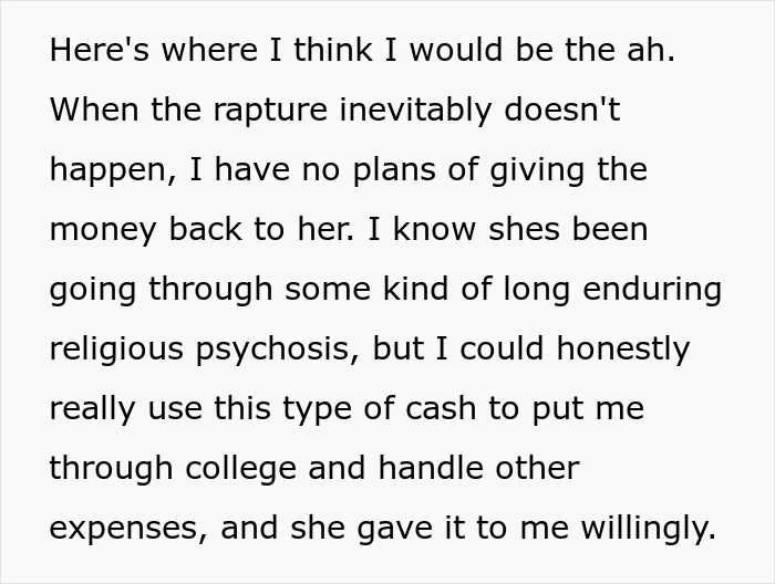 Text about rapture, religious beliefs, and using money for college and expenses after. Text about rapture, religious beliefs, and using money for college and expenses after.