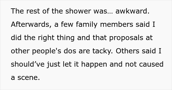 Alt text: Woman shutting down brother’s proposal at her baby shower during an awkward family moment. Alt text: Woman shutting down brother’s proposal at her baby shower during an awkward family moment.