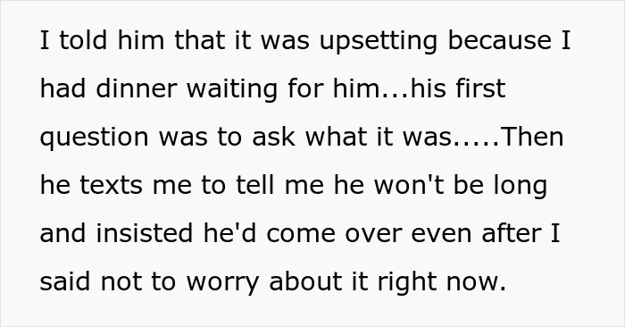 Text showing a girlfriend upset after preparing for boyfriend’s return, who ditches the plan last minute. Text showing a girlfriend upset after preparing for boyfriend’s return, who ditches the plan last minute.