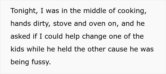 Woman cooking with messy hands while husband reacts upset to watching kids for 30 minutes in a kitchen setting Woman cooking with messy hands while husband reacts upset to watching kids for 30 minutes in a kitchen setting