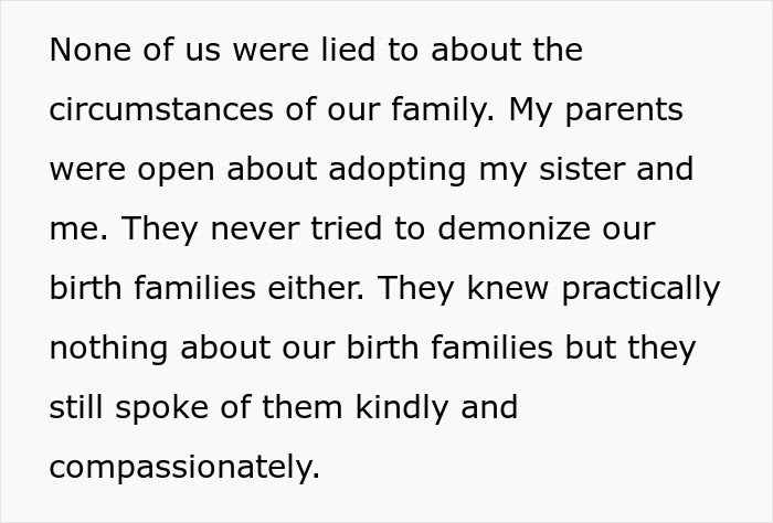 Text about family openness, adoption, and respectful attitudes towards birth families despite limited knowledge. Text about family openness, adoption, and respectful attitudes towards birth families despite limited knowledge.