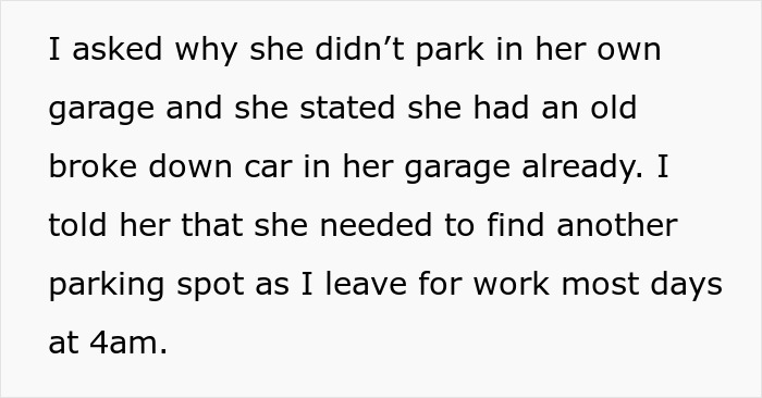 Text showing a conversation about a neighbor refusing to park in her garage and the need to find another parking spot. Text showing a conversation about a neighbor refusing to park in her garage and the need to find another parking spot.
