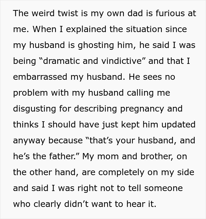 Alt text: Text discussing husband calling pregnant wife disgusting and family reactions to his behavior and ignoring baby. Alt text: Text discussing husband calling pregnant wife disgusting and family reactions to his behavior and ignoring baby.