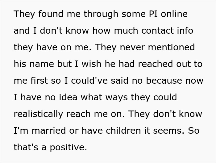 Text excerpt discussing a man’s birth family tracking him down online and his reluctance to engage with them. Text excerpt discussing a man’s birth family tracking him down online and his reluctance to engage with them.
