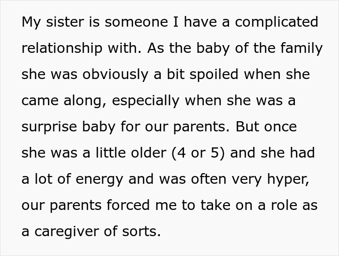 Text detailing a 19-year-old forced to be a parent to younger sister, feeling irked as brother is not expected to help. Text detailing a 19-year-old forced to be a parent to younger sister, feeling irked as brother is not expected to help.