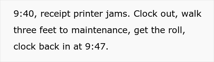 Text describing employee clocking out for every break, highlighting issues with strict boss demands and compliance consequences.