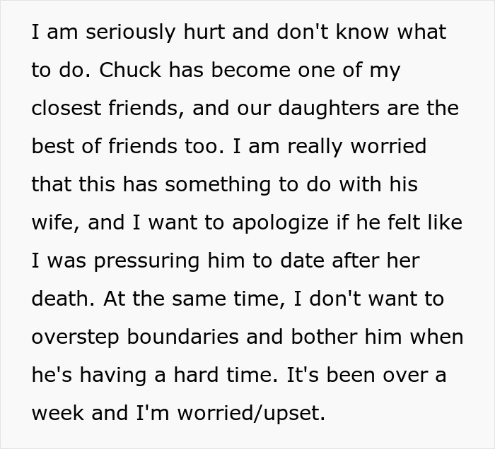 Text excerpt expressing worry and hurt from a woman setting up a widow and single mom for a date. Text excerpt expressing worry and hurt from a woman setting up a widow and single mom for a date.