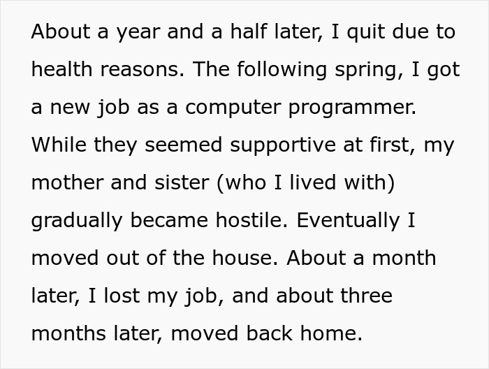 Text describing a personal story of quitting a job due to health and facing hostility from mother and sister. Text describing a personal story of quitting a job due to health and facing hostility from mother and sister.