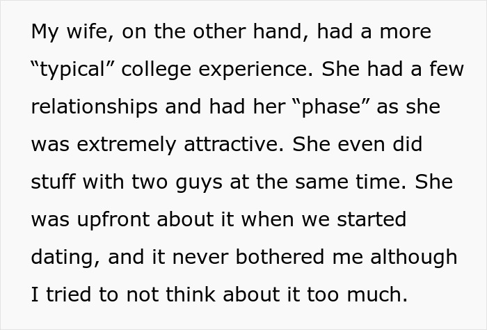 Text excerpt describing a husband reflecting on his wife's past relationships and intimacy boundaries in marriage. Text excerpt describing a husband reflecting on his wife's past relationships and intimacy boundaries in marriage.