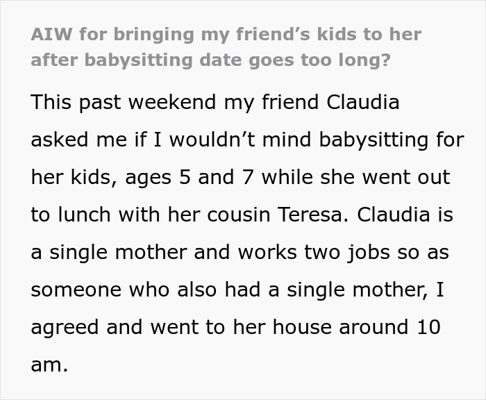 Text about a mom asking her friend to babysit while she has lunch, then going missing for hours afterward. Text about a mom asking her friend to babysit while she has lunch, then going missing for hours afterward.