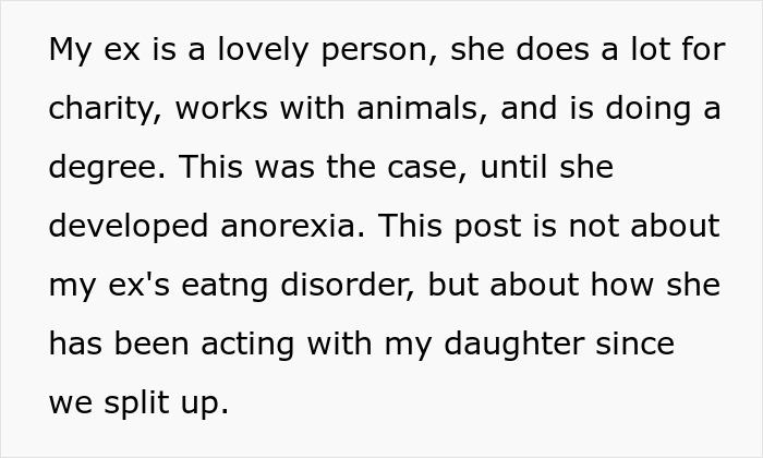 Text excerpt discussing ex’s eating disorder and its impact on daughter mimicking comments about bread at age three. Text excerpt discussing ex’s eating disorder and its impact on daughter mimicking comments about bread at age three.
