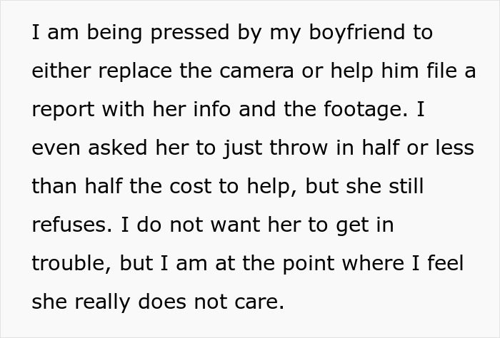 Text discussing a man confronting a friend who stole his boyfriend’s camera and her refusal to help cover the cost. Text discussing a man confronting a friend who stole his boyfriend’s camera and her refusal to help cover the cost.