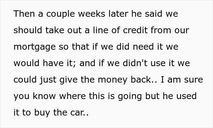 Text about hubby prioritizing luxury vehicle, taking out mortgage credit line, involving MIL in car purchase plans. Text about hubby prioritizing luxury vehicle, taking out mortgage credit line, involving MIL in car purchase plans.