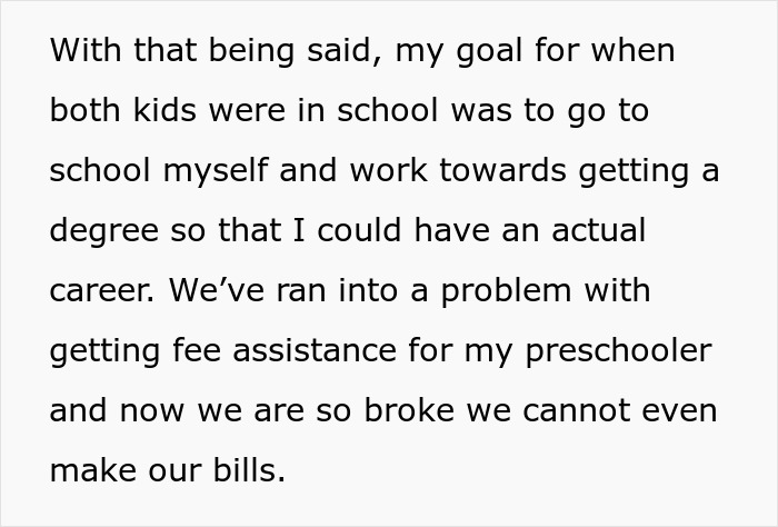 Text about husband expects wife to work and study full time while managing two kids, facing financial struggles. Text about husband expects wife to work and study full time while managing two kids, facing financial struggles.
