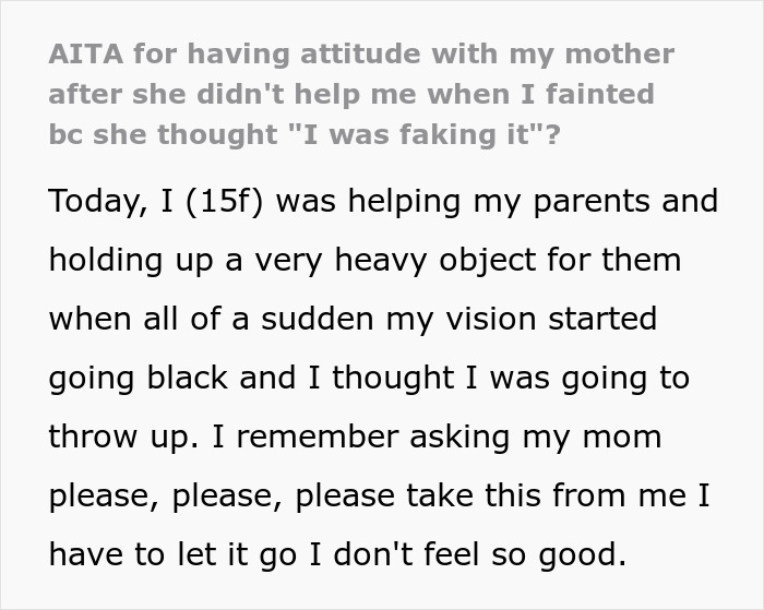 Teen faints while helping parents, hurts herself, and cries after mom doubts the fall was real.
