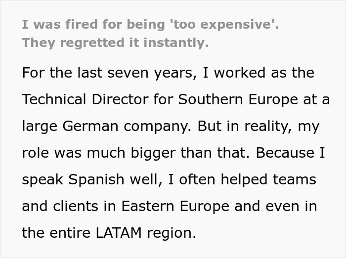 Text excerpt from a fired expensive employee revealing his role and skills helping teams across Europe and LATAM regions.