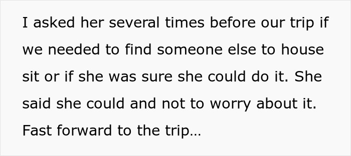 Text excerpt about house sitting before a trip highlighting concerns over who will house sit the dogs. Text excerpt about house sitting before a trip highlighting concerns over who will house sit the dogs.