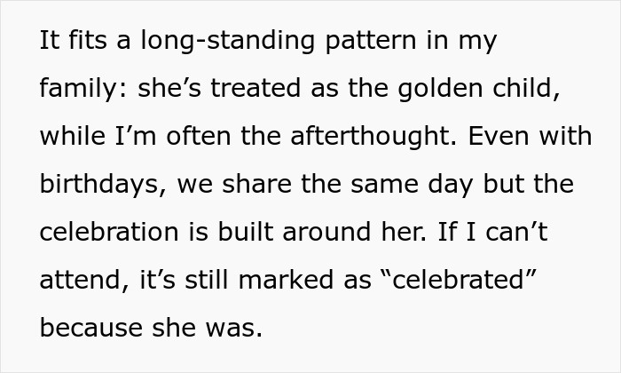 Text excerpt describing family favoritism and birthday celebrations highlighting a bride's struggle with twin dynamics. Text excerpt describing family favoritism and birthday celebrations highlighting a bride's struggle with twin dynamics.