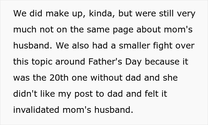 Text discussing conflict over mom's husband and Father's Day post after bride refuses to let mom's hubby walk her down the aisle.