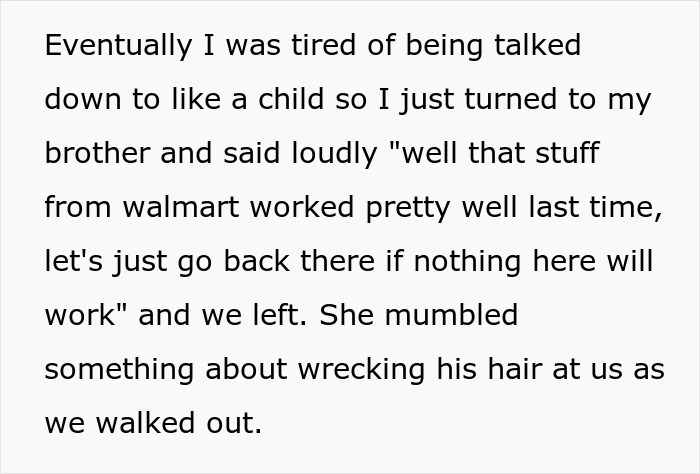 Text showing a woman’s brother refusing to buy box dye from a rude salon employee who criticizes their hair product choice. Text showing a woman’s brother refusing to buy box dye from a rude salon employee who criticizes their hair product choice.