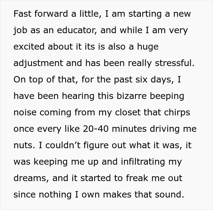 Woman discovers hidden device planted by boyfriend in closet causing mysterious beeping noises and stress. Woman discovers hidden device planted by boyfriend in closet causing mysterious beeping noises and stress.