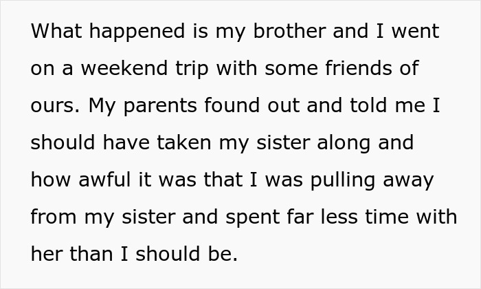 Text excerpt about a 19-year-old forced to be a parent to little sister, feeling unfair as brother is not expected to do the same. Text excerpt about a 19-year-old forced to be a parent to little sister, feeling unfair as brother is not expected to do the same.